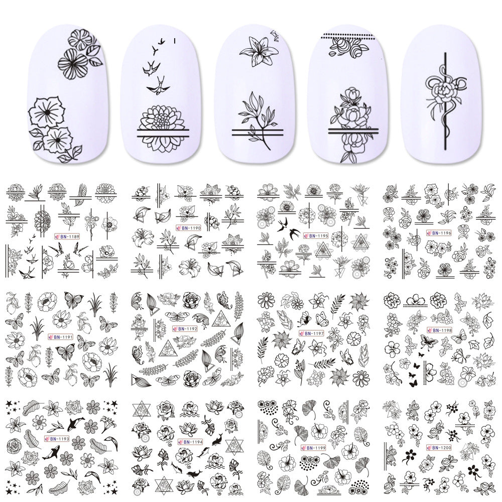 Hot New Nail Beauty Watermark Stickers Black And White Color Carved Rose Leaves Animal Nail Sticker