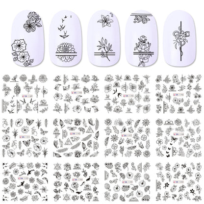 Hot New Nail Beauty Watermark Stickers Black And White Color Carved Rose Leaves Animal Nail Sticker