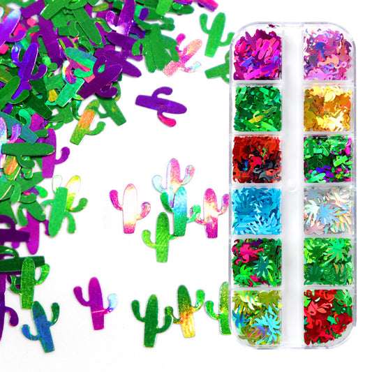 12-grid Long Boxed Cactus Coconut Bird Nail Sequins Set