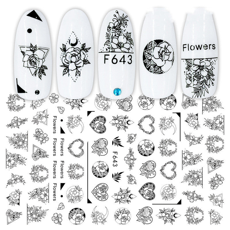 Black and White Flower Geometric Nail Sticker