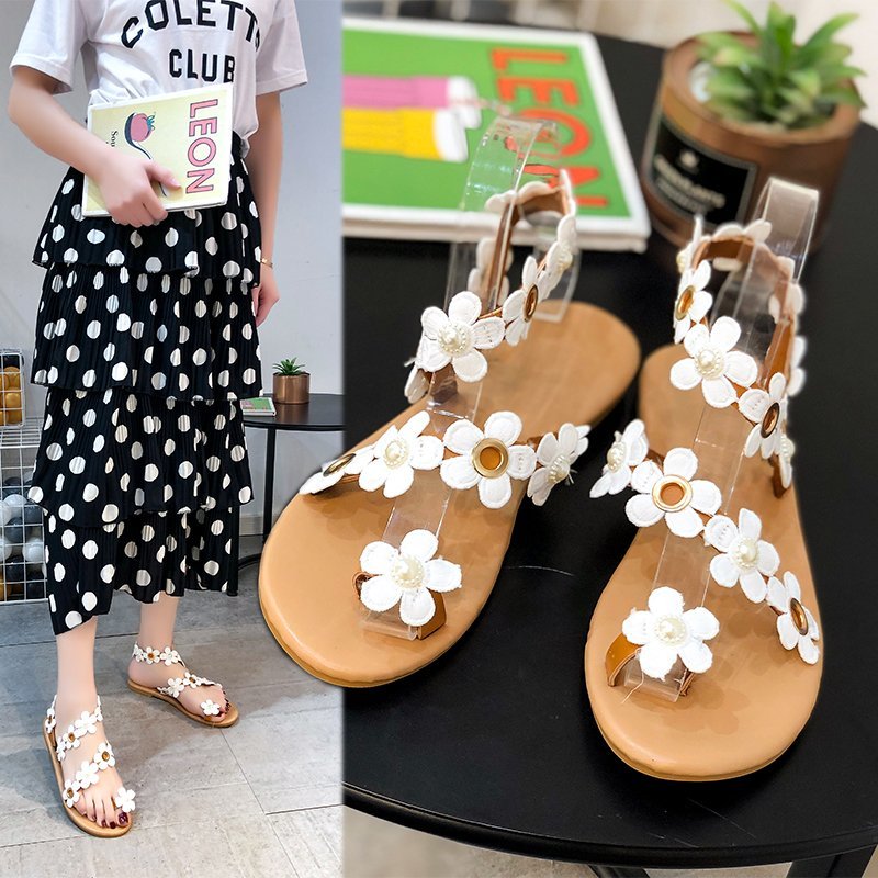 Outer Size Plus Size Sandals Women's Flower Flat-bottomed Beach Roman All-over Sandals