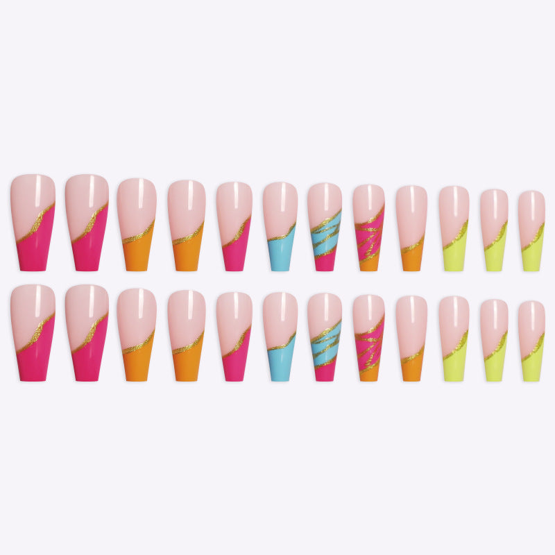 Coffin A Type European and American Rainbow Ballet A Type Art Colorful Gold Thread Fake Nails Nail Patch Boxed