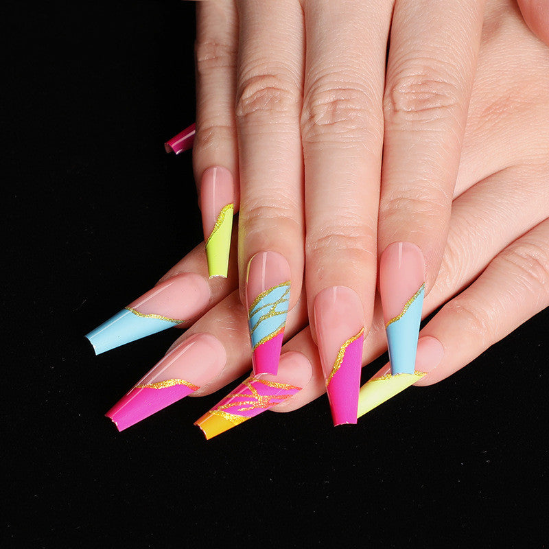 Coffin A Type European and American Rainbow Ballet A Type Art Colorful Gold Thread Fake Nails Nail Patch Boxed