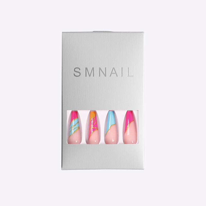 Coffin A Type European and American Rainbow Ballet A Type Art Colorful Gold Thread Fake Nails Nail Patch Boxed