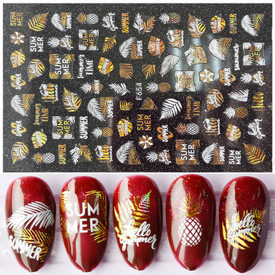 Nail Art 3D Sticker Maple Leaf Flamingo Beach White Gold Pattern Nail Sticker