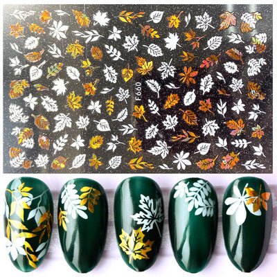 Nail Art 3D Sticker Maple Leaf Flamingo Beach White Gold Pattern Nail Sticker