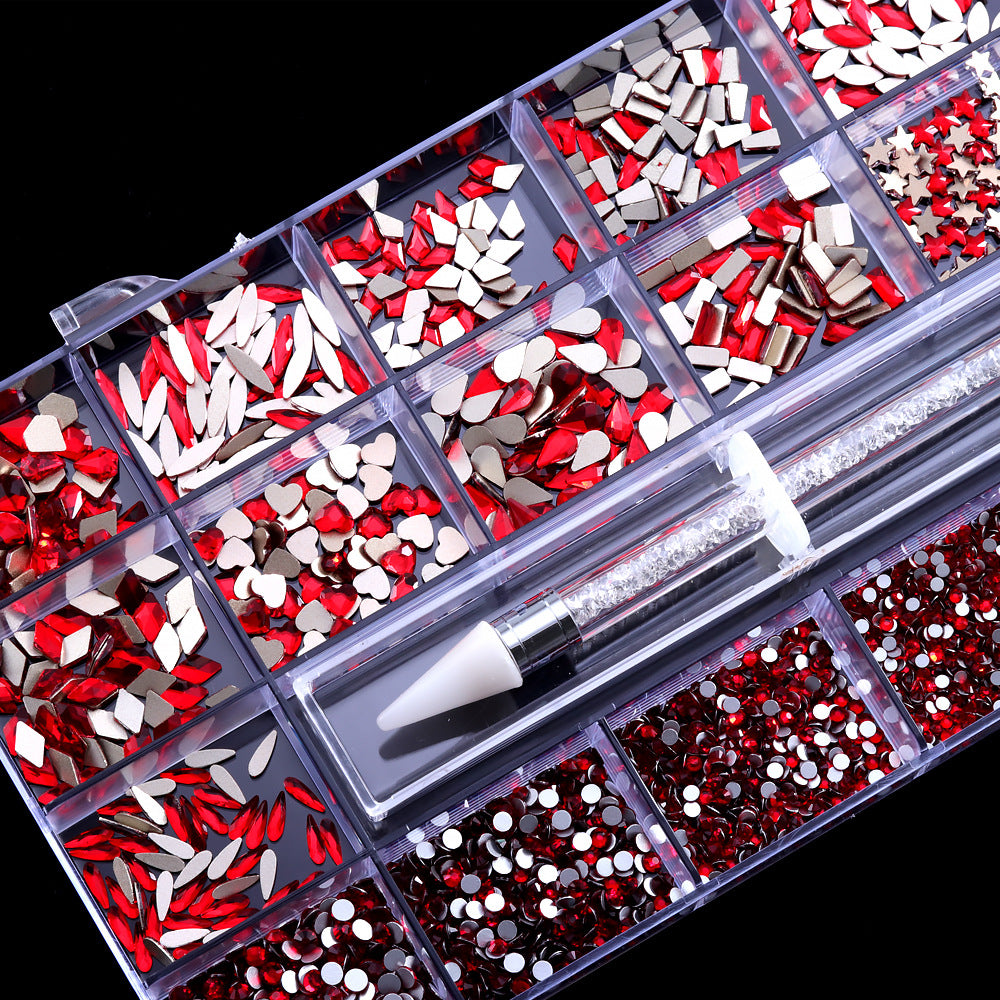 21 Grid Box Nail Enhancement Flat Bottom Glass Rhinestone Jewelry Set
