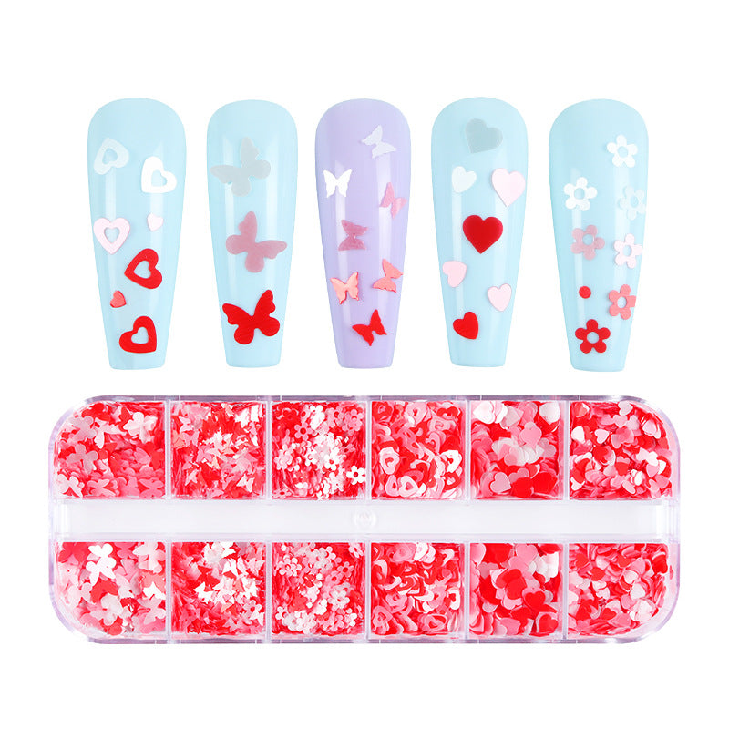 12-grid Long Boxed Mixed Nail Ornament Butterfly Plum Sequins