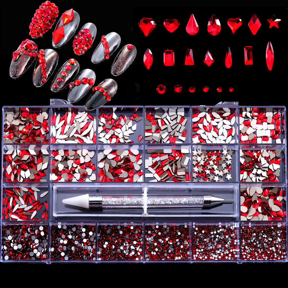 21 Grid Box Nail Enhancement Flat Bottom Glass Rhinestone Jewelry Set