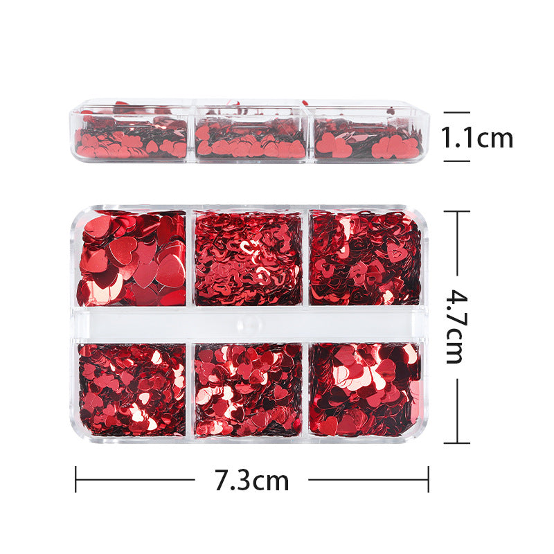 Small 6-cell Box Valentine's Day Series Bright Red Love Cut-out Nail Sequins