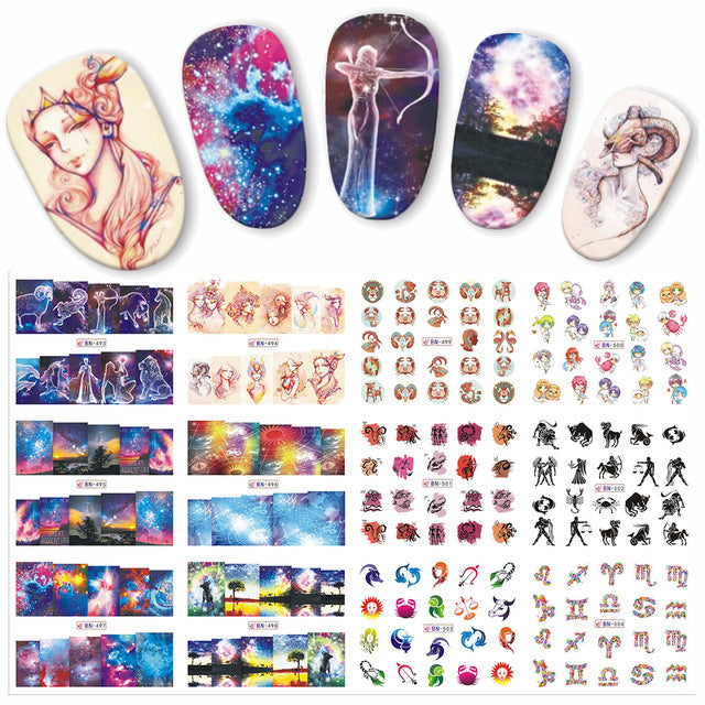 Cross-border Hot Nail Stickers Instagram Mesh Red Sun Series Two-dimensional Butterfly Constellation Girl Nail Watermark Stickers