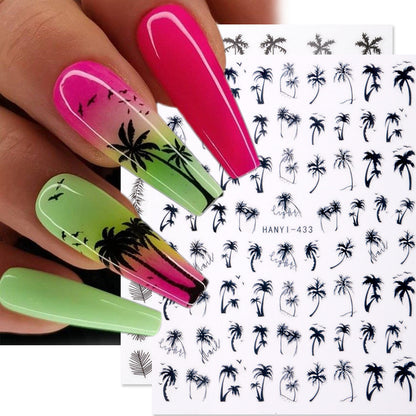 New Hot 3D Coconut Tree Sunflower Nail Sticker Leopard Butterfly Flower Nail Art Sticker