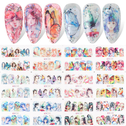 Cross-border Hot Nail Stickers Instagram Mesh Red Sun Series Two-dimensional Butterfly Constellation Girl Nail Watermark Stickers