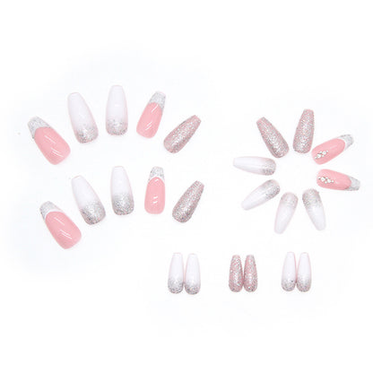 Mid-length Fake Nails Worn Nail Crystal Stone Sticker Glitter French Hot Girl Sweet