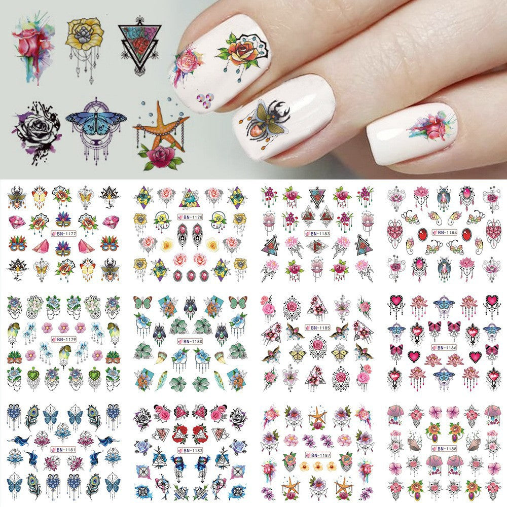 Hot New Nail Beauty Watermark Stickers Black And White Color Carved Rose Leaves Animal Nail Sticker