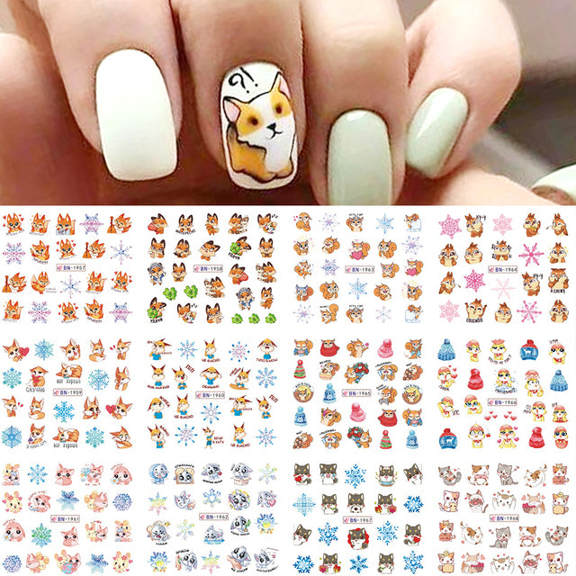12pcs Cute Christmas Nail Stickers Cartoon Animal Design Pen