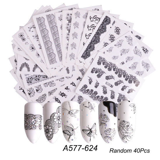 Black And White Lace Flower Nail Art Sticker Set