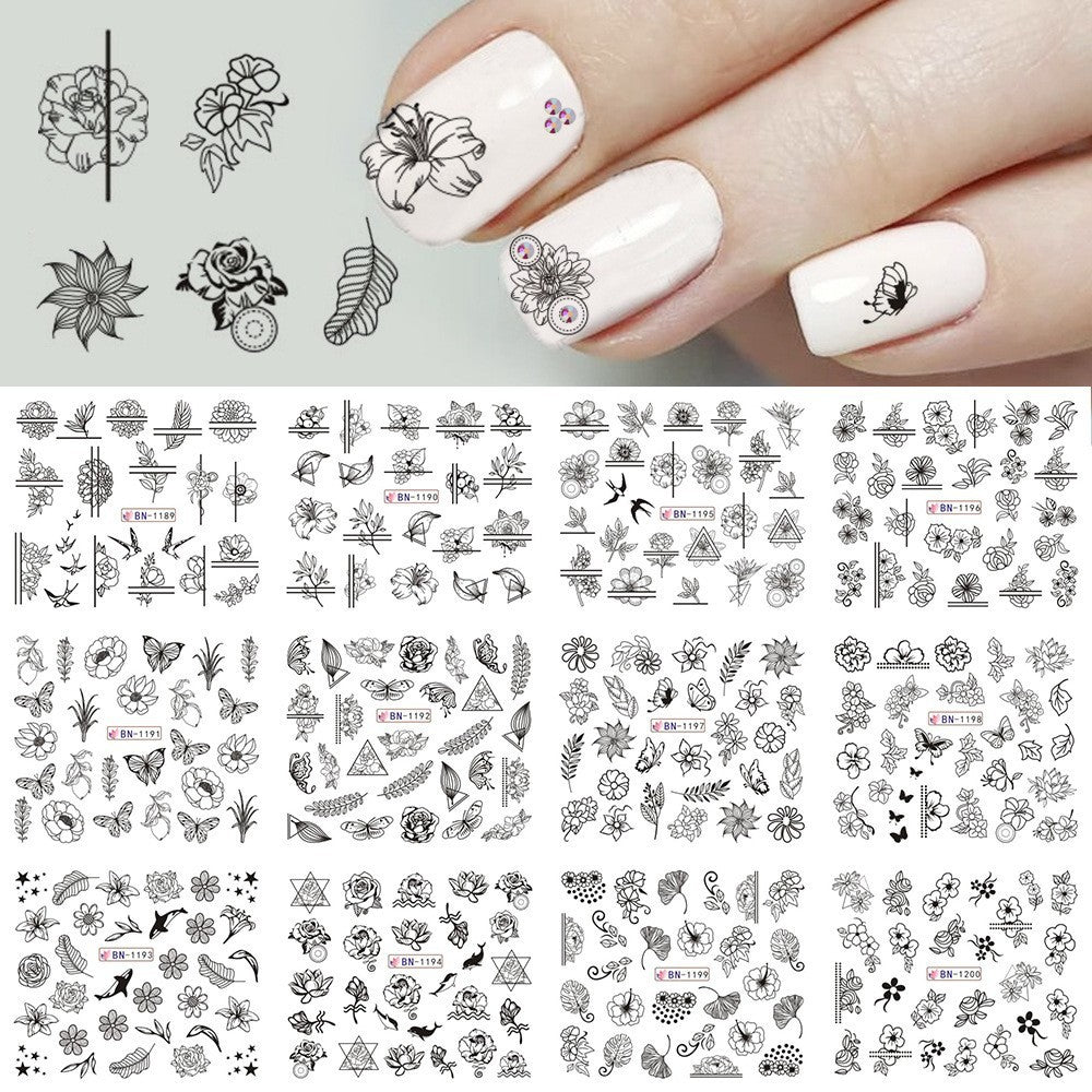 Hot New Nail Beauty Watermark Stickers Black And White Color Carved Rose Leaves Animal Nail Sticker