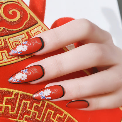 Bright Red Chinese Style Painting Wear Fake Nail Patch Manicure