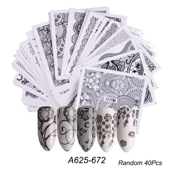 Black And White Lace Flower Nail Art Sticker Set