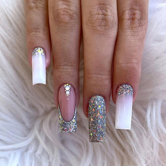 Mid-length Fake Nails Worn Nail Crystal Stone Sticker Glitter French Hot Girl Sweet