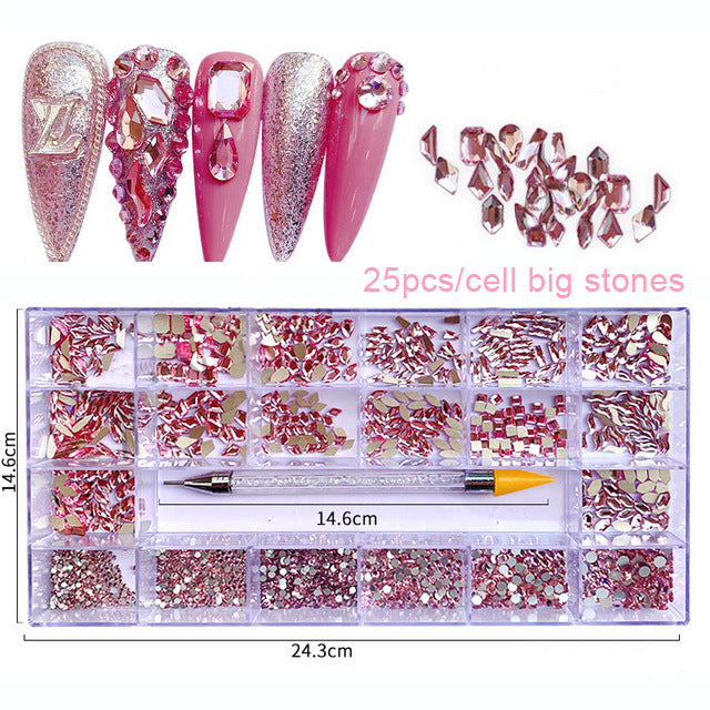 21 Grid Manicure Jewelry Boxed Glass Special-shaped Belt Diamond Pen