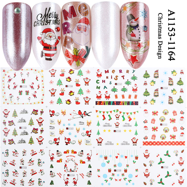 12pcs Cute Christmas Nail Stickers Cartoon Animal Design Pen