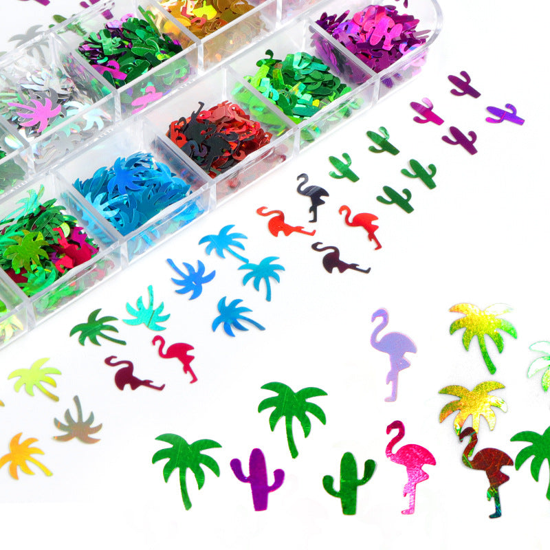 12-grid Long Boxed Cactus Coconut Bird Nail Sequins Set