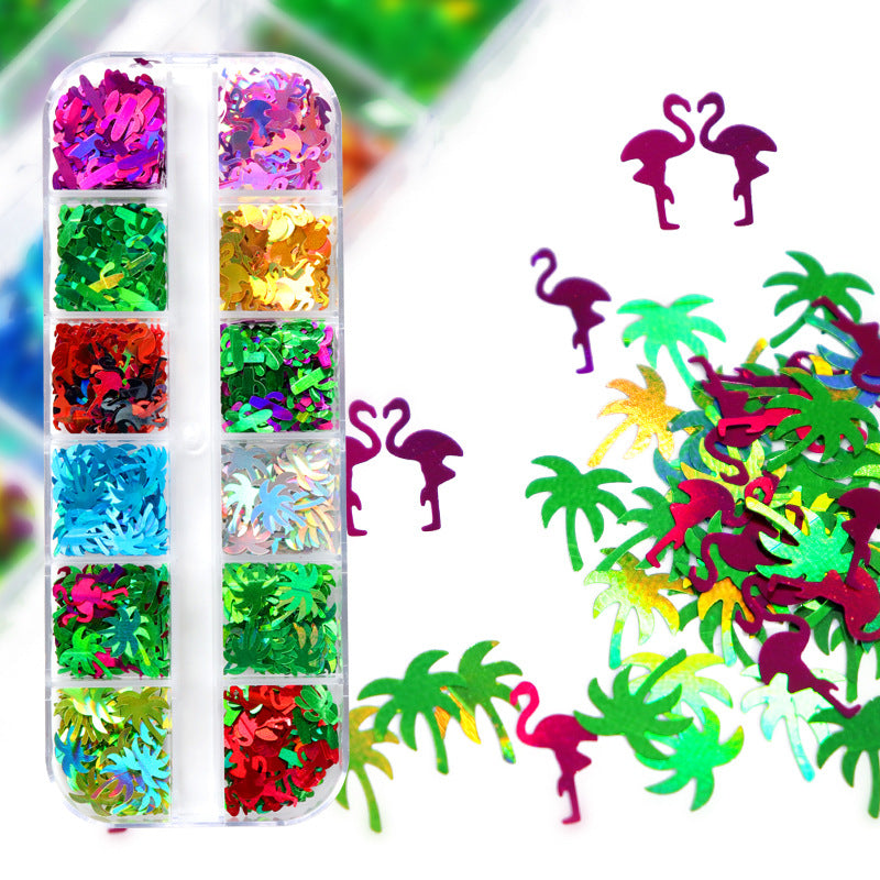 12-grid Long Boxed Cactus Coconut Bird Nail Sequins Set